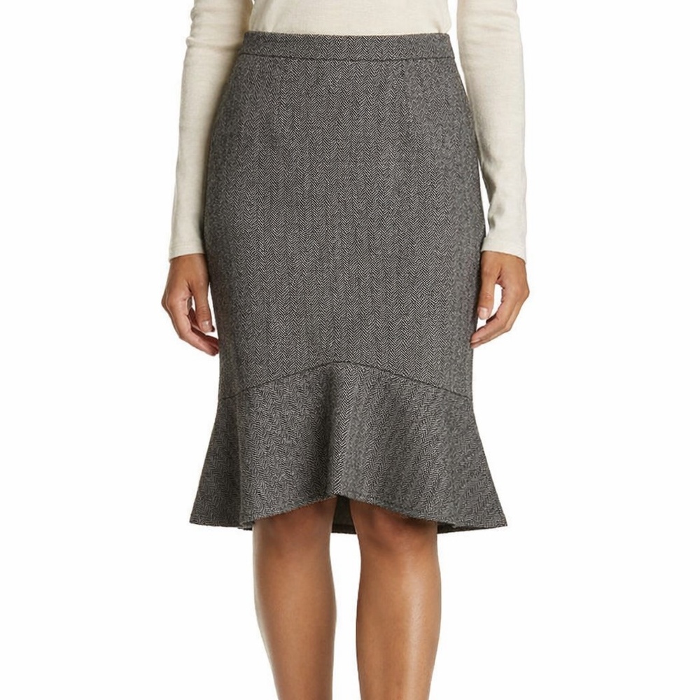 Derek Lam Wool Skirt with Silk Lining — Grey Herringbone Flounce Hem